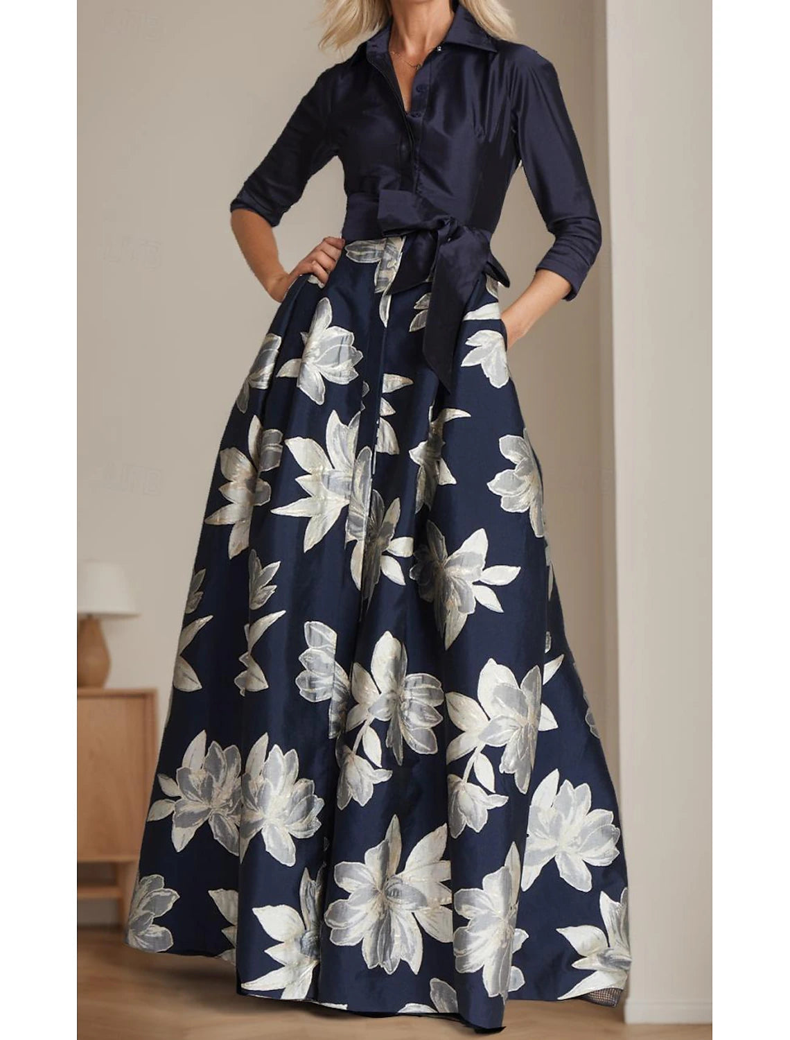 Buyishang A-Line Mother of the Bride Dress Elegant Shirt Collar Floor Length Satin 3/4 Length Sleeve with Sash / Ribbon free custom size