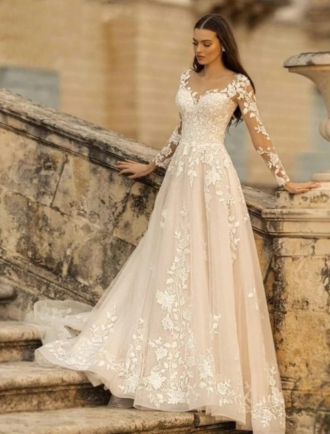 Buyishang Wedding Dresses A-Line V Neck Long Sleeve Court Train Tulle Bridal Gowns With Pleats Appliques