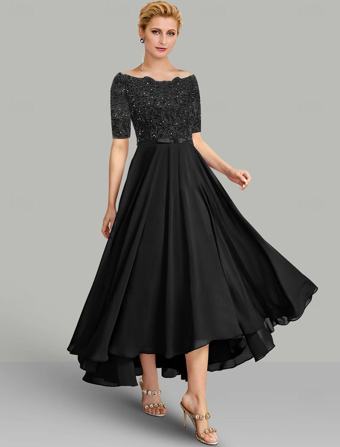 Buyishang A-Line Mother of the Bride Dress Elegant High Low Off Shoulder Asymmetrical Chiffon Lace Half Sleeve with Lace Sash / Ribbon stretch dress free custom size