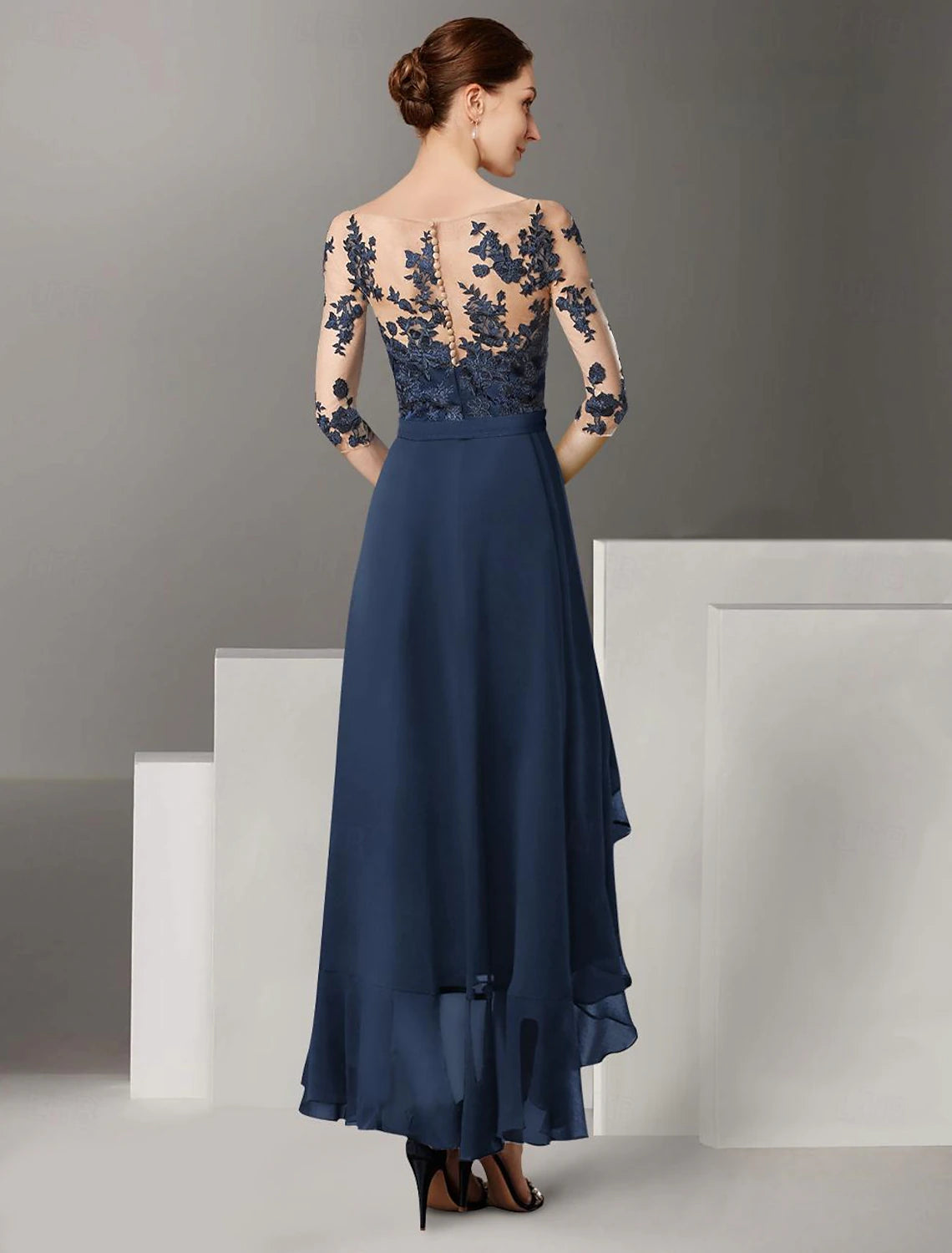 Buyishang A-Line Mother of the Bride Dress Formal Wedding Guest Elegant High Low Off Shoulder Ankle Length Chiffon Lace Half Sleeve with Pleats Appliques free custom size