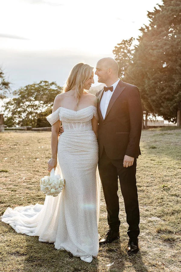 Buyishang Sparkly Mermaid Off the Shoulder Sequins Wedding Dresses