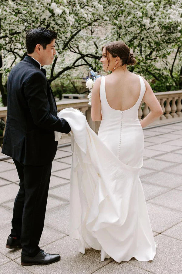 Buyishang Mermaid Square Neck White Satin Wedding Dresses