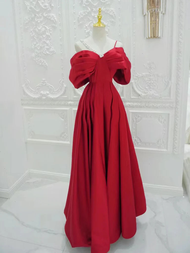 Buyishang A-Line Satin Off Shoulder Red Long Prom Dress Red Long Evening Dress