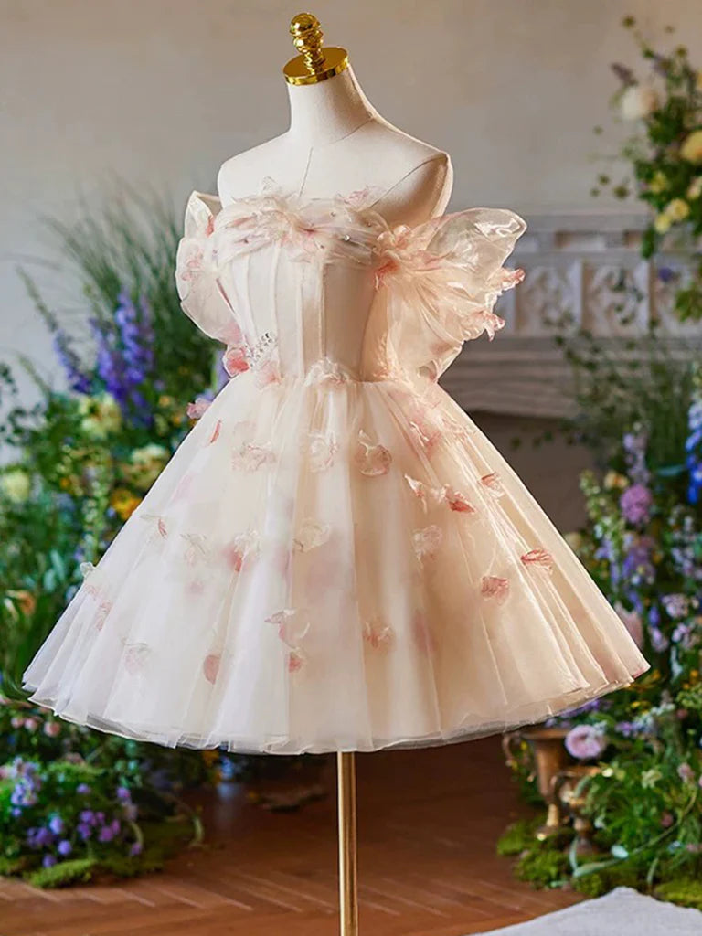 Buyishang A-Line Off Shoulder Tulle Short Champagne Prom Dress Cute Homecoming Dress