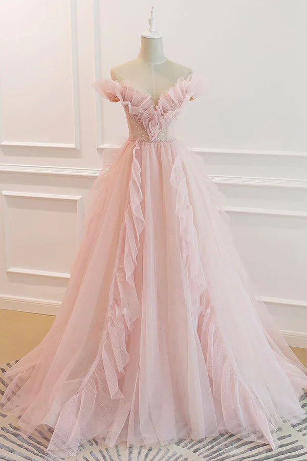 Pink V-Neck Tulle Long Prom Dress Off the Shoulder Evening Graduation Dress