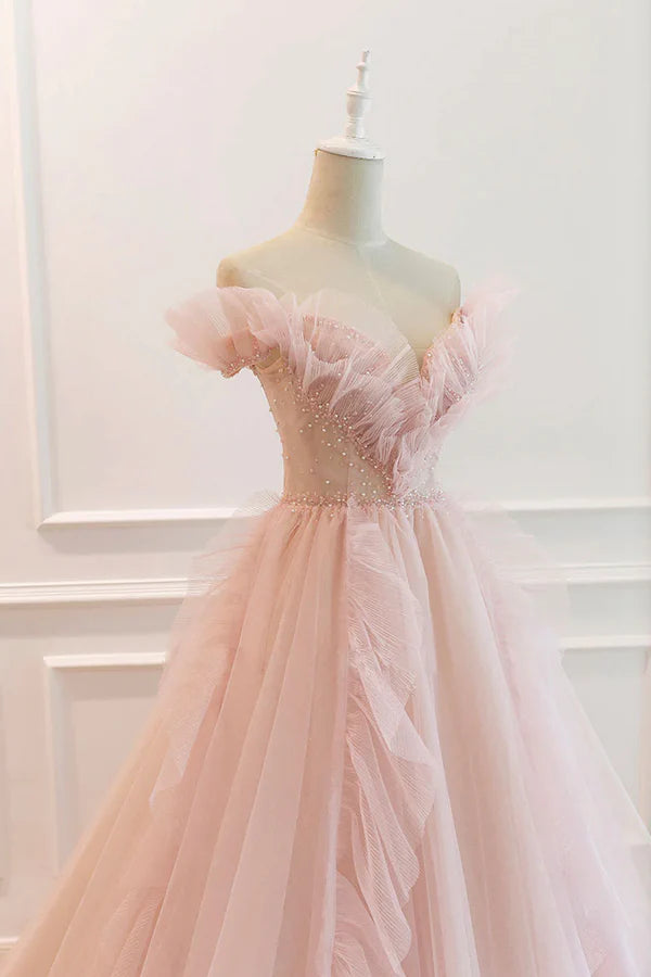 Pink V-Neck Tulle Long Prom Dress Off the Shoulder Evening Graduation Dress