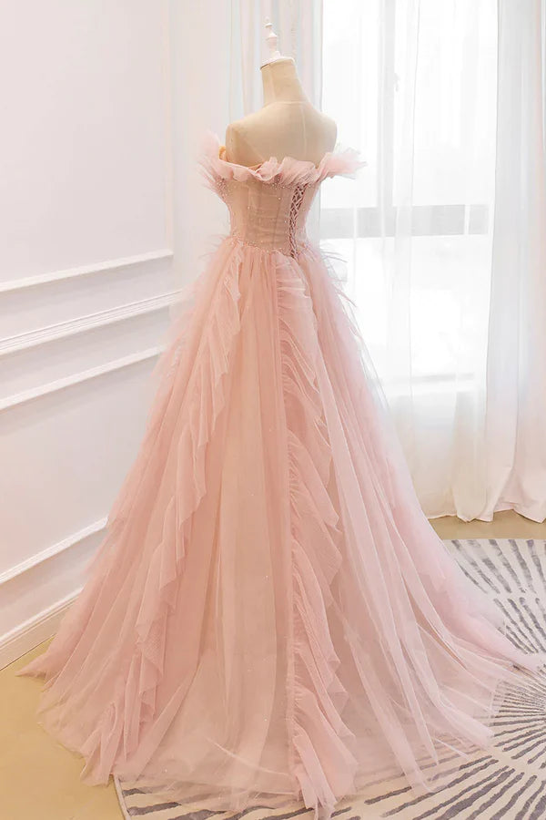 Pink V-Neck Tulle Long Prom Dress Off the Shoulder Evening Graduation Dress