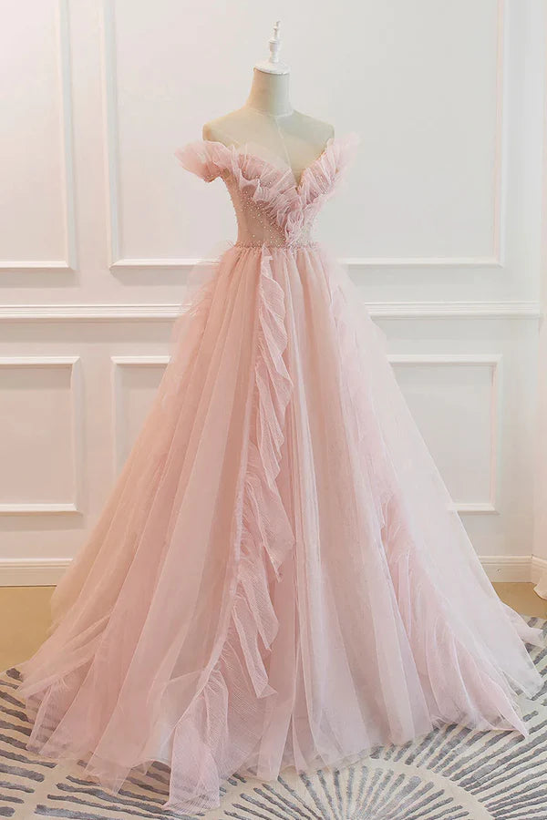 Pink V-Neck Tulle Long Prom Dress Off the Shoulder Evening Graduation Dress