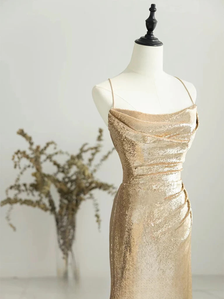 Buyishang Champagne Backless Sequin Long Prom Dress Sequin Champagne Long Evening Dress