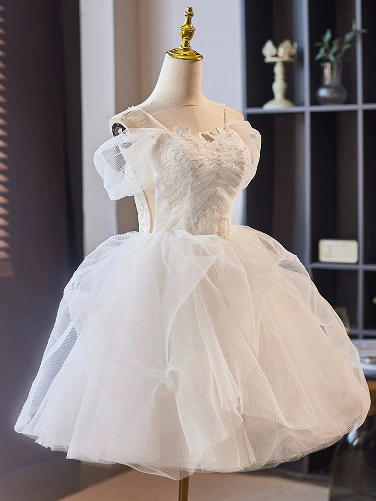 Buyishang Off Shoulder Sweetheart Neck Tulle Lace White Short Prom Dress