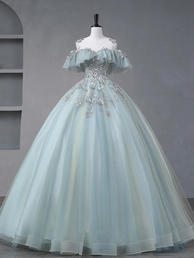 Buyishang A-Line Blue Tulle sequin Lace Long Prom Dress Blue Lace Sweet 16 Dress