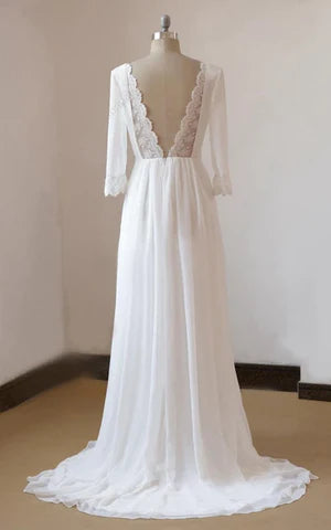 Buyishang A-Line Chiffon Lace White Satin Weddig Dress