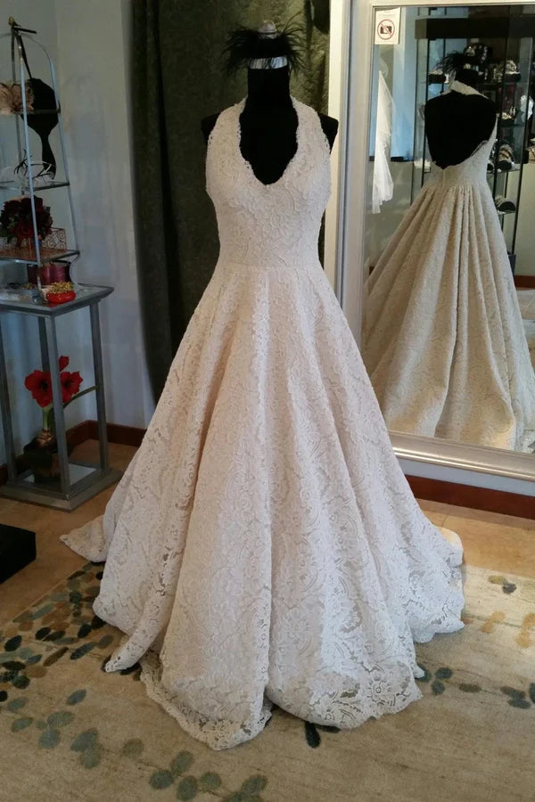 Buyishang Elegant Sleeveless Pleated Lace Halter A-Line Wedding Dress