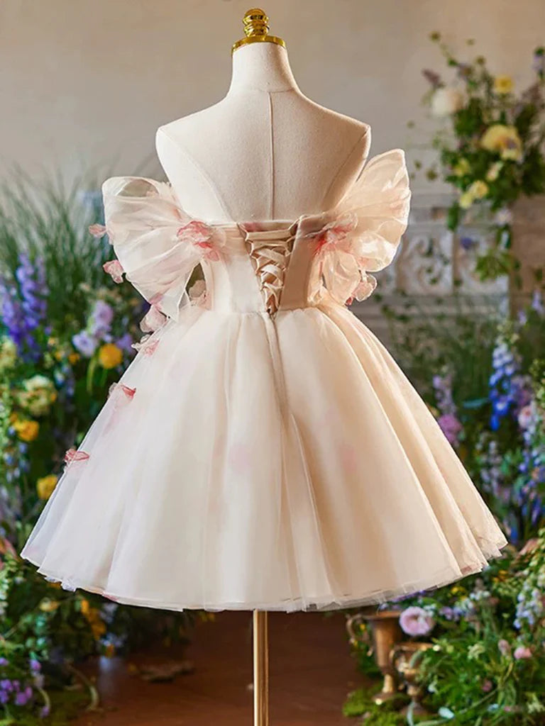 Buyishang A-Line Off Shoulder Tulle Short Champagne Prom Dress Cute Homecoming Dress