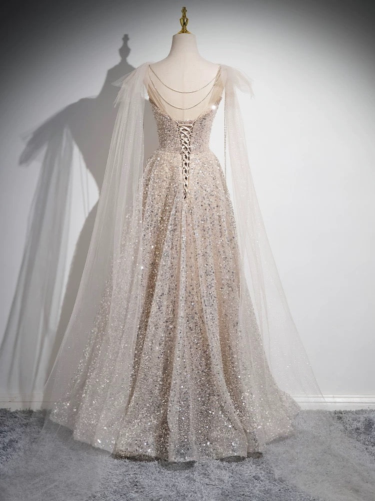 Buyishang A-Line Scoop Neckline Tulle Sequin Champagne Long Prom Dress