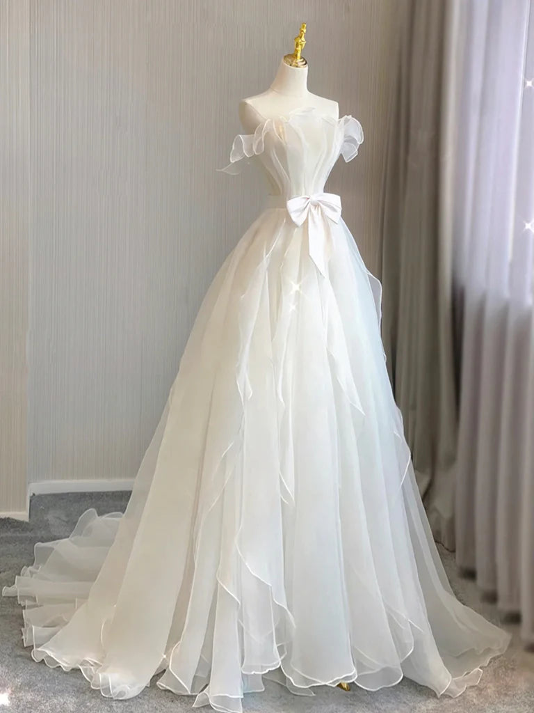 Buyishang A-Line Organza White Long Prom Dress White Long Formal Dress