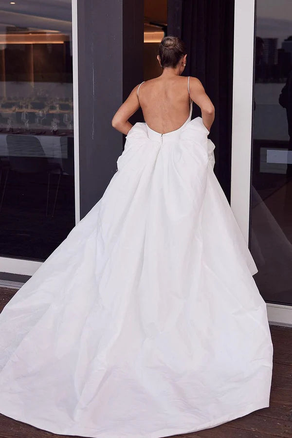 Buyishang A-Line White Satin Spaghetti Straps Backless Wedding Dresses