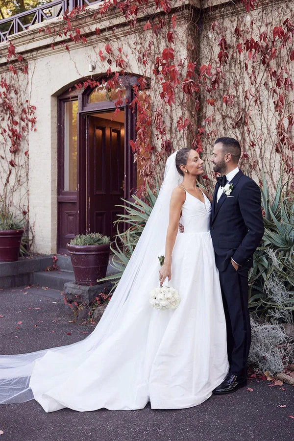 Buyishang A-Line White Satin Spaghetti Straps Backless Wedding Dresses