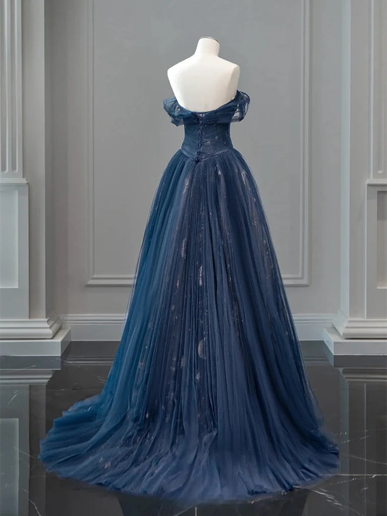Buyishang A-Line Off Shoulder Tulle Lace Dark Blue Long Prom Dress Dark Blue Long Evening Dress