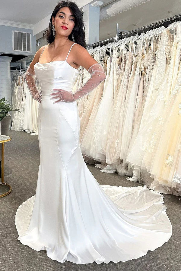 Buyishang Mermaid White Cowl Neck Silk Satin Wedding Dresses