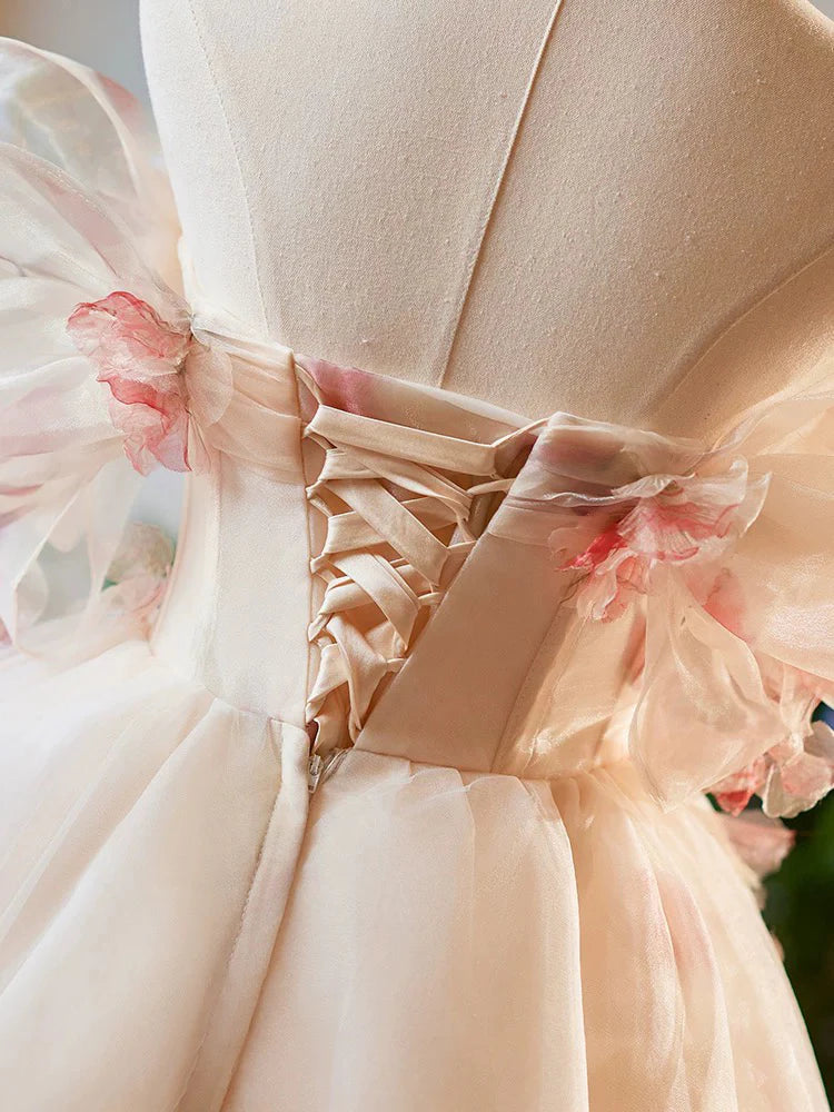 Buyishang A-Line Off Shoulder Tulle Short Champagne Prom Dress Cute Homecoming Dress