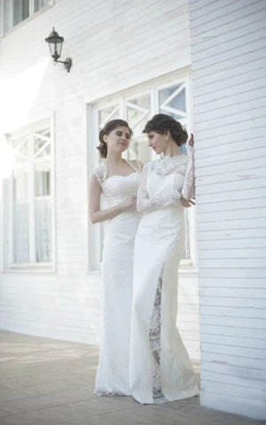 Buyishang Gorgeous High-Neck Long Illusion Sleeve Mermaid Bridal Gown With Split Side