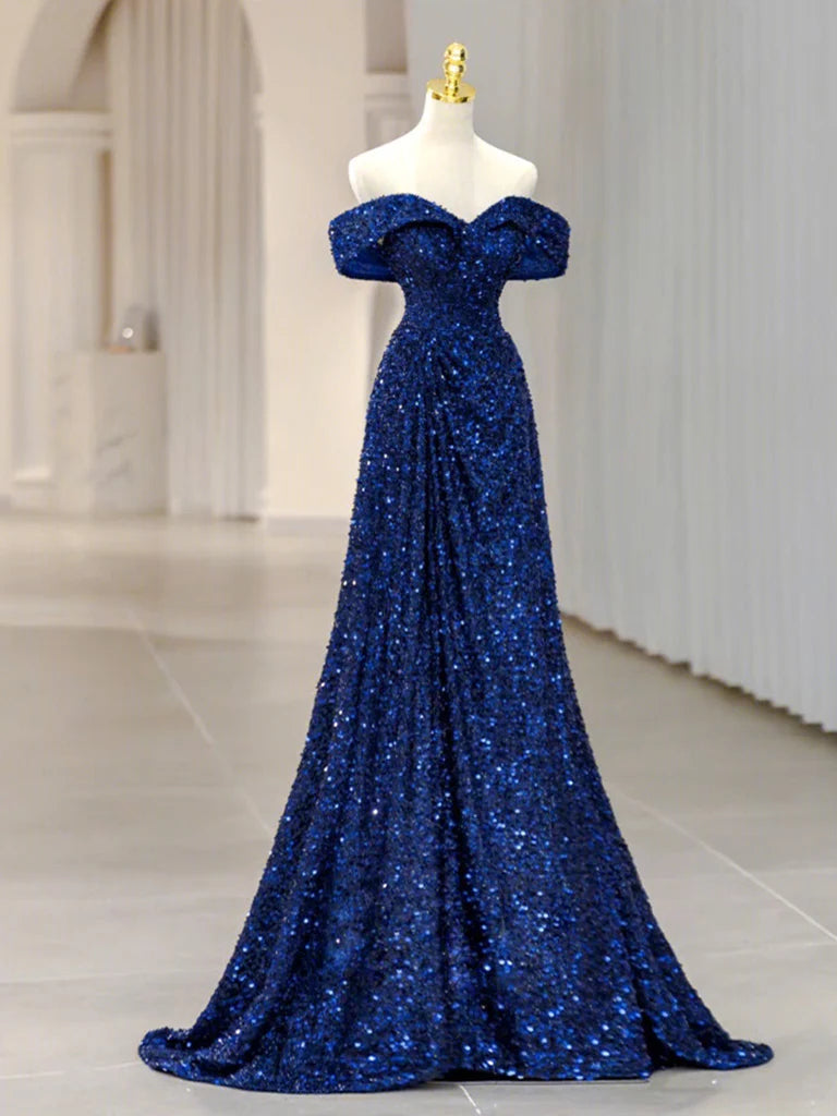 Buyishang Blue Velvet Sequin Long Prom Dress Blue Formal Dress