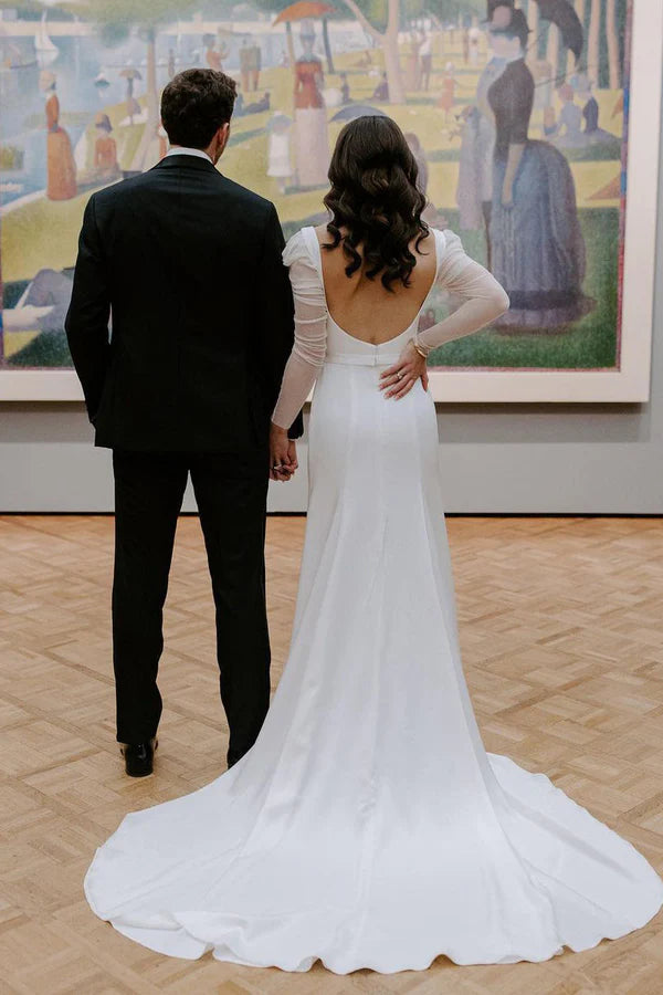 Buyishang Mermaid Square Neck Long Sleeves White Satin Wedding Dresses