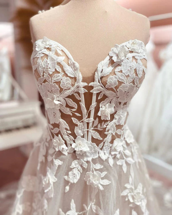 Buyishang Fairy A Line Sweetheart Tulle Long Wedding Dresses with Appliques