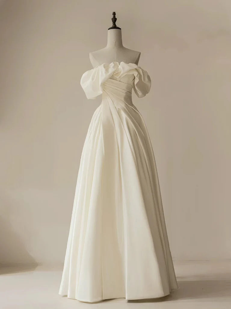 Buyishang A-Line Off Shoulder Ivory Satin Long Prom Dress ivory Long Formal Dress