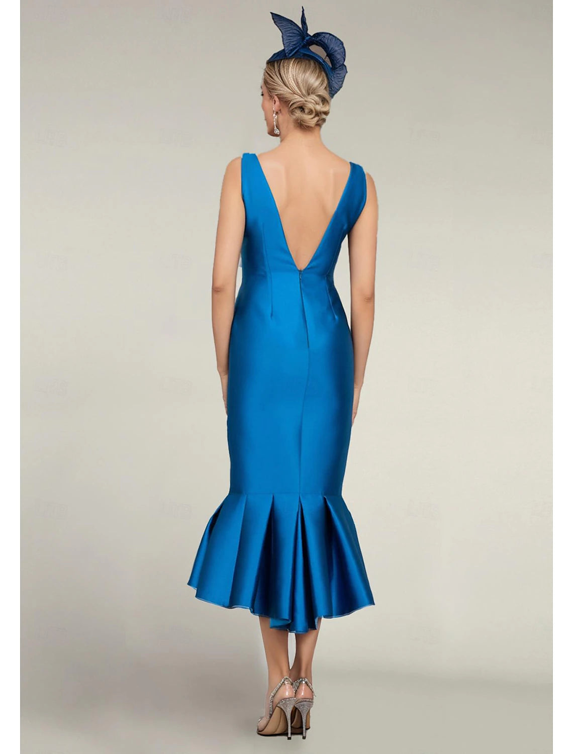 Buyishang Two Piece Mermaid / Trumpet Mother of the Bride Dress Formal Wedding Guest Elegant Jewel Neck Tea Length Satin Half Sleeve with Buttons free custom size