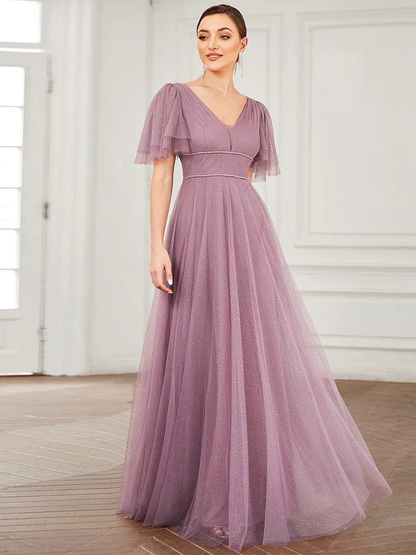 Romantic V Neck Tulle Evening Dress with Ruffle Sleeves