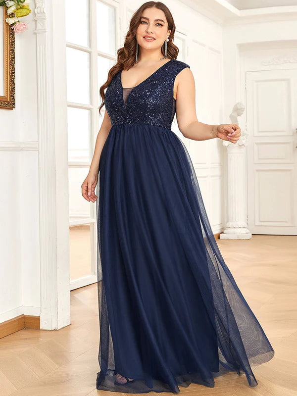 Plus Size Sequin Illusion Plunging V-Neckline Sleeveless A-Line Tulle Evening Dress
