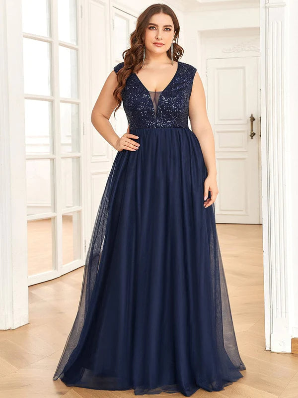 Plus Size Sequin Illusion Plunging V-Neckline Sleeveless A-Line Tulle Evening Dress