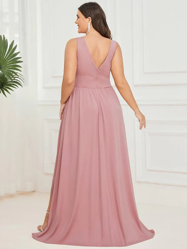 Plus Size Sleeveless V-Neck Empire Waist High Slit Floor-Length Evening Dress