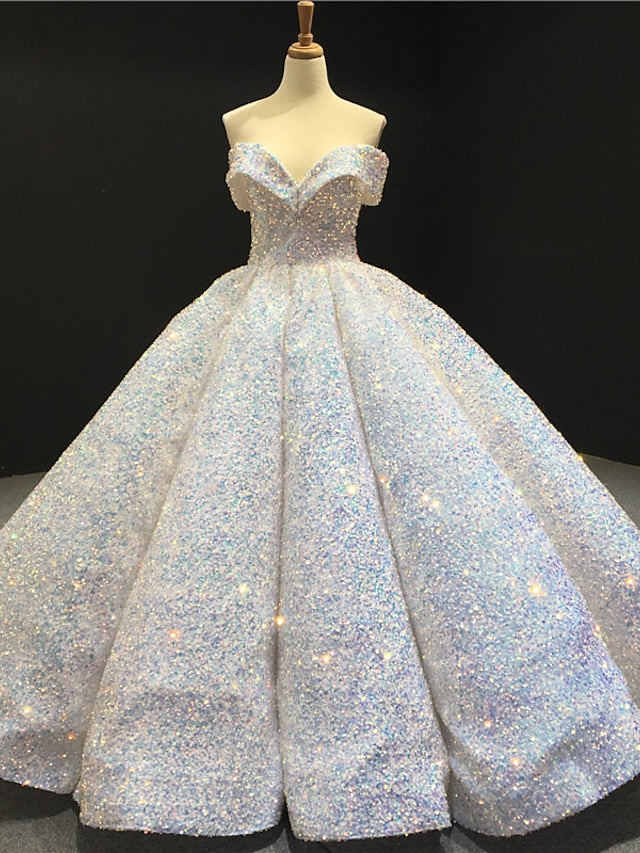 Ball Gown Party Dress Luxurious Sparkle Quinceanera Formal Evening Birthday Dress Off Shoulder Sleeveless Floor Length Sequined with Pleats Sequin