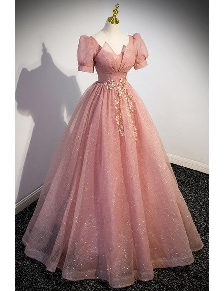 Bling Ballgown Pink Tulle Long Prom Dress with Short Sleeves