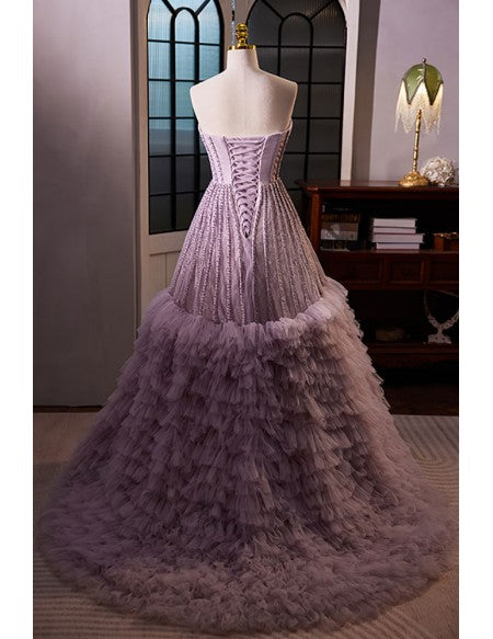 Unique Light Purple Strapless Prom Dress with Ruffles