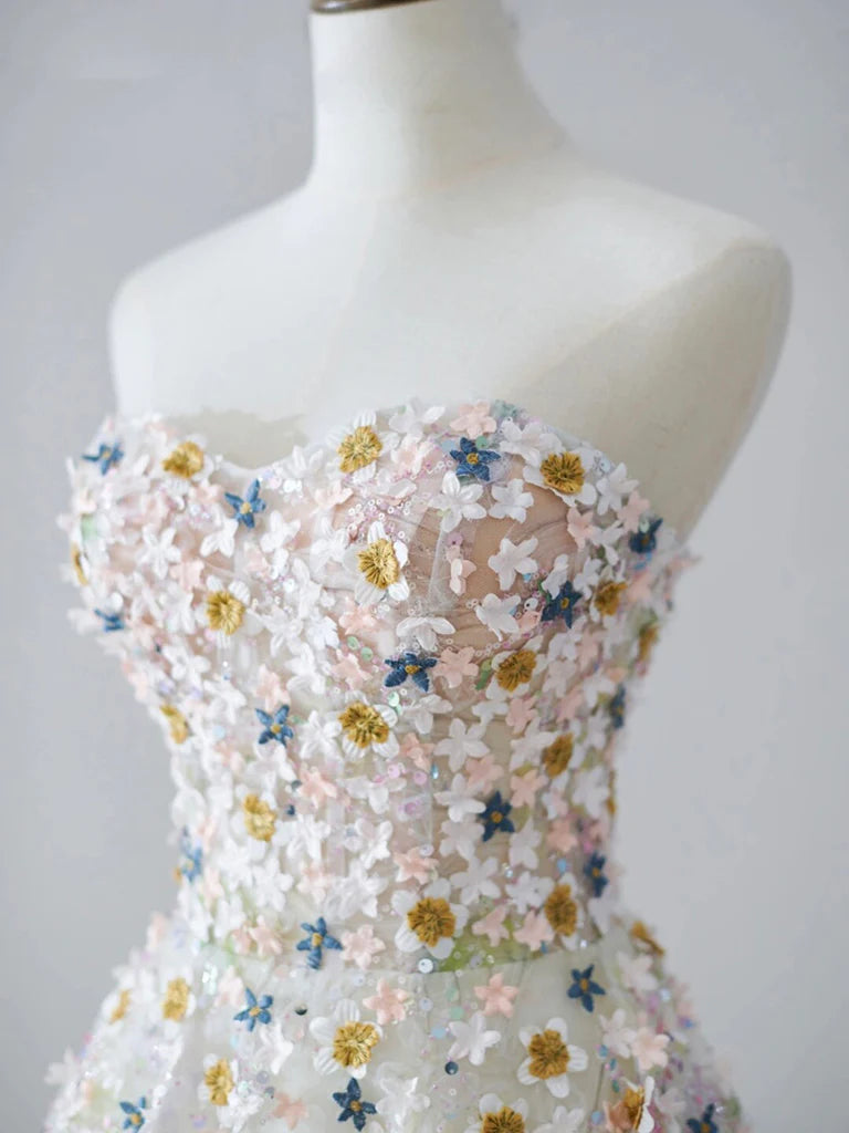 Buyishang A-line Sweetheart Neck Tulle Lace Flower Beige Long Prom Dress Beige Long Formal Dress