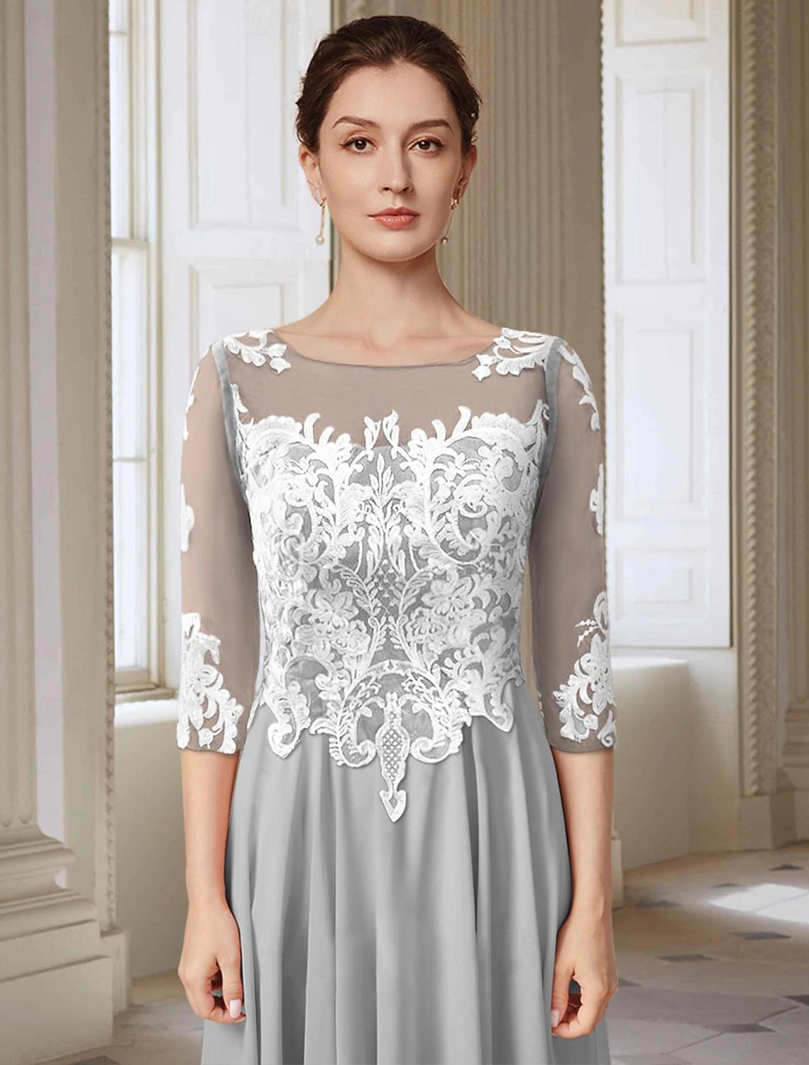 Buyishang A-Line Mother of the Bride Dress Elegant Jewel Neck Asymmetrical Ankle Length Chiffon Lace 3/4 Length Sleeve with Appliques free custom size