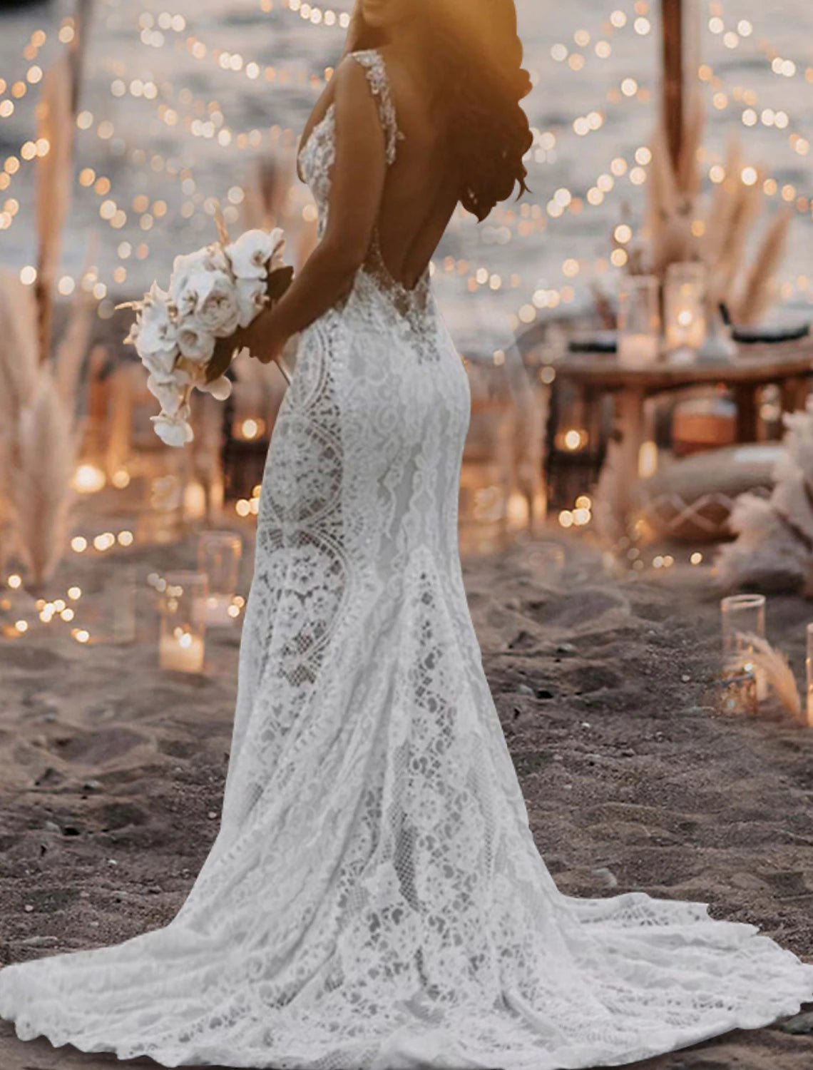 Buyishang Beach Open Back Sexy Boho Wedding Dresses Mermaid V Neck Sleeveless Court Train Lace Bridal Gowns With Appliques