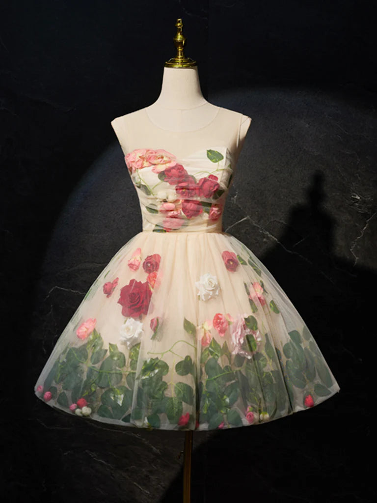 Buyishang Unique Scoop Neckline Tulle Flower Champagne Short Prom Dress Cute Formal Dress