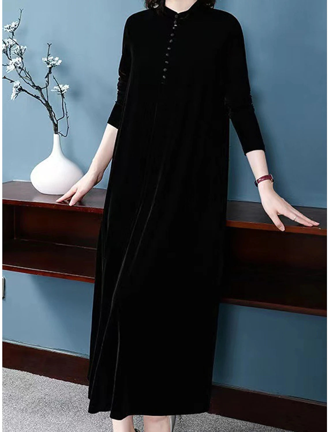 Women's Velvet Dress Prom Dress Party Dress Long Dress Maxi Dress Black Wine Purple Long Sleeve Pure Color Button Fall Winter Autumn Crew Neck Fashion Winter Dress Wedding Guest Evening Party