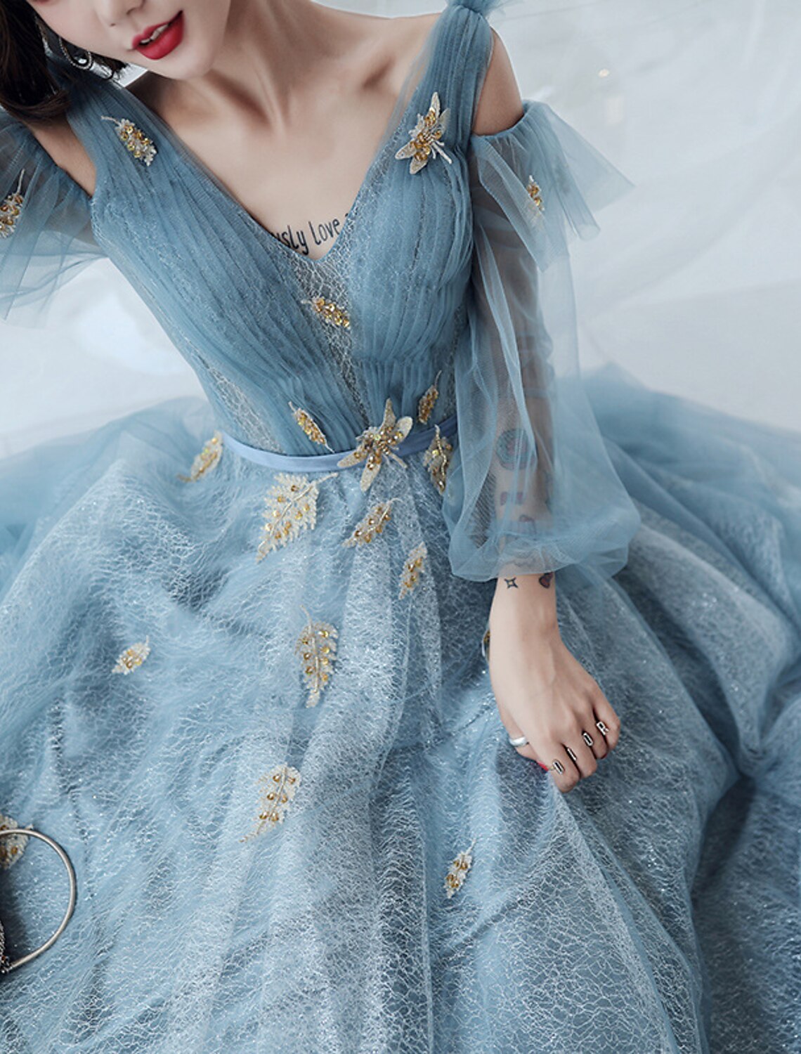 A-Line Sparkle & Shine Puffy Prom Formal Evening Dress V Neck Long Sleeve Floor Length Polyester with Sequin Butterfly