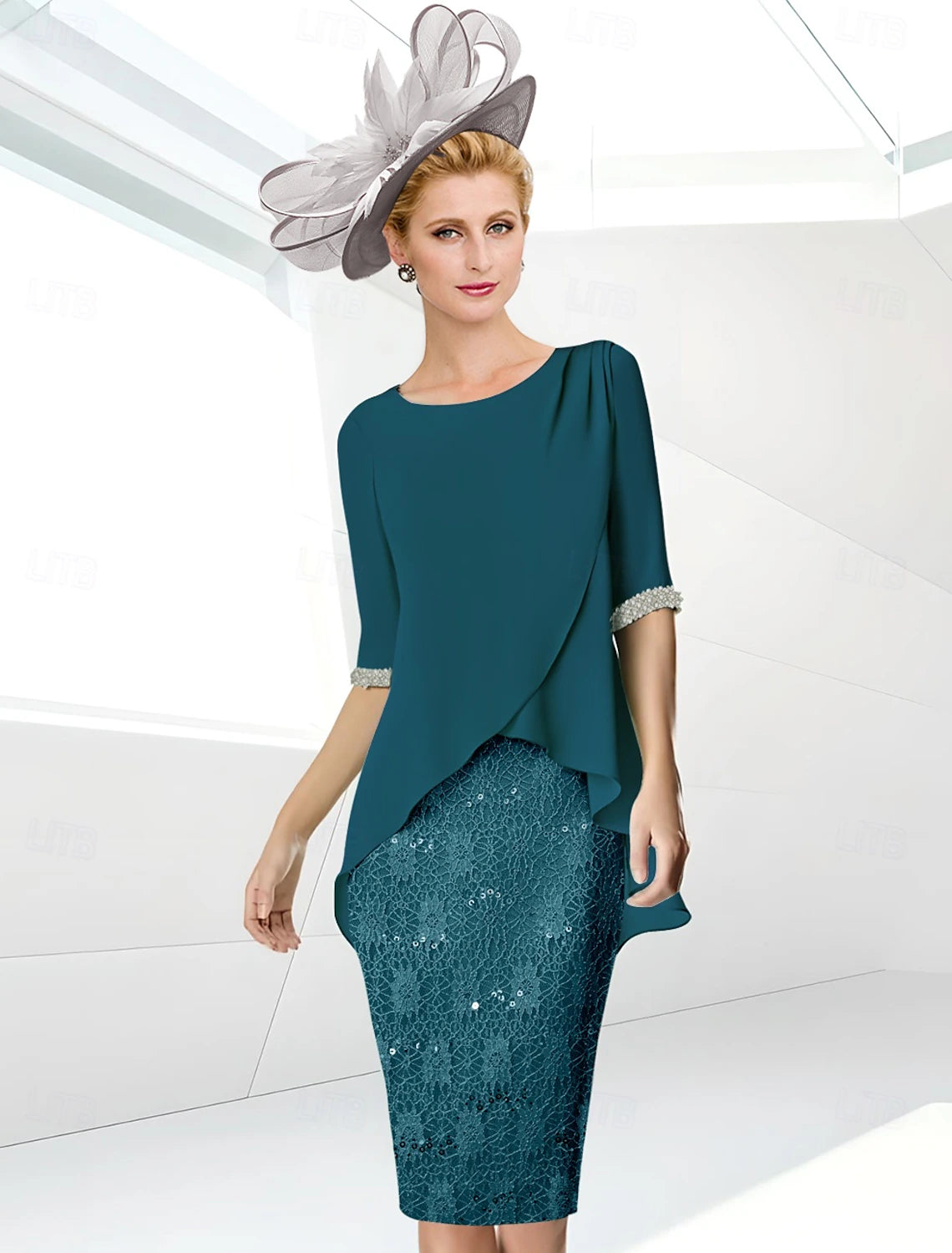 Buyishang Sheath / Column Mother of the Bride Dress Elegant Jewel Neck Knee Length Sequined Stretch Chiffon Half Sleeve with Lace Ruching free custom size