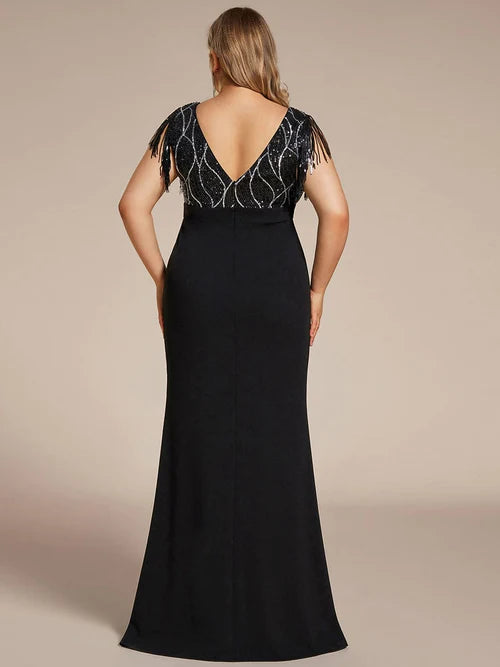 Plus Size V-Neck Front Slit Sleeveless with Tassel Mother of the Bride Dress