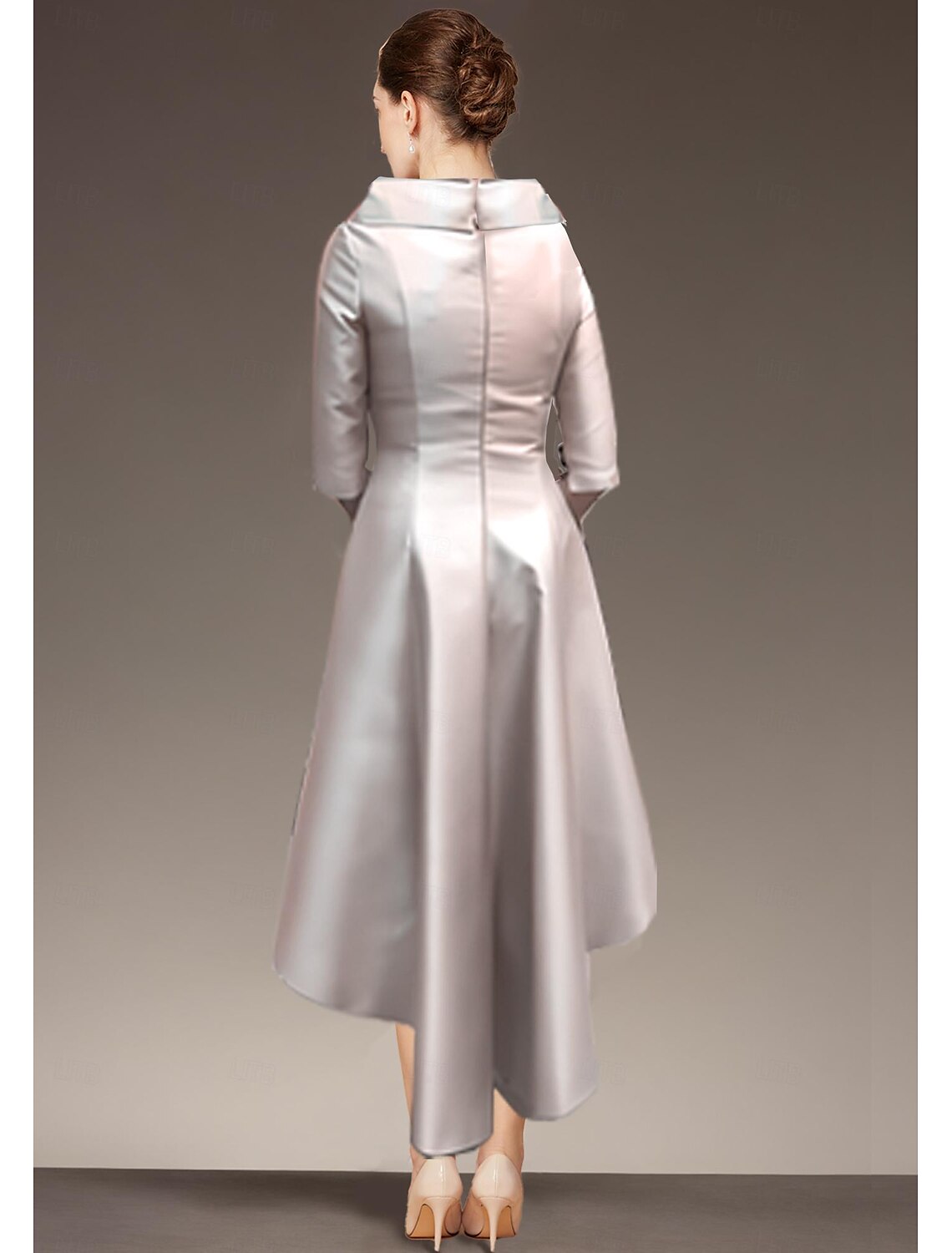 Buyishang A-Line Mother of the Bride Dress Wedding Guest Elegant Jewel Neck Asymmetrical Satin 3/4 Length Sleeve with Draping free custom size
