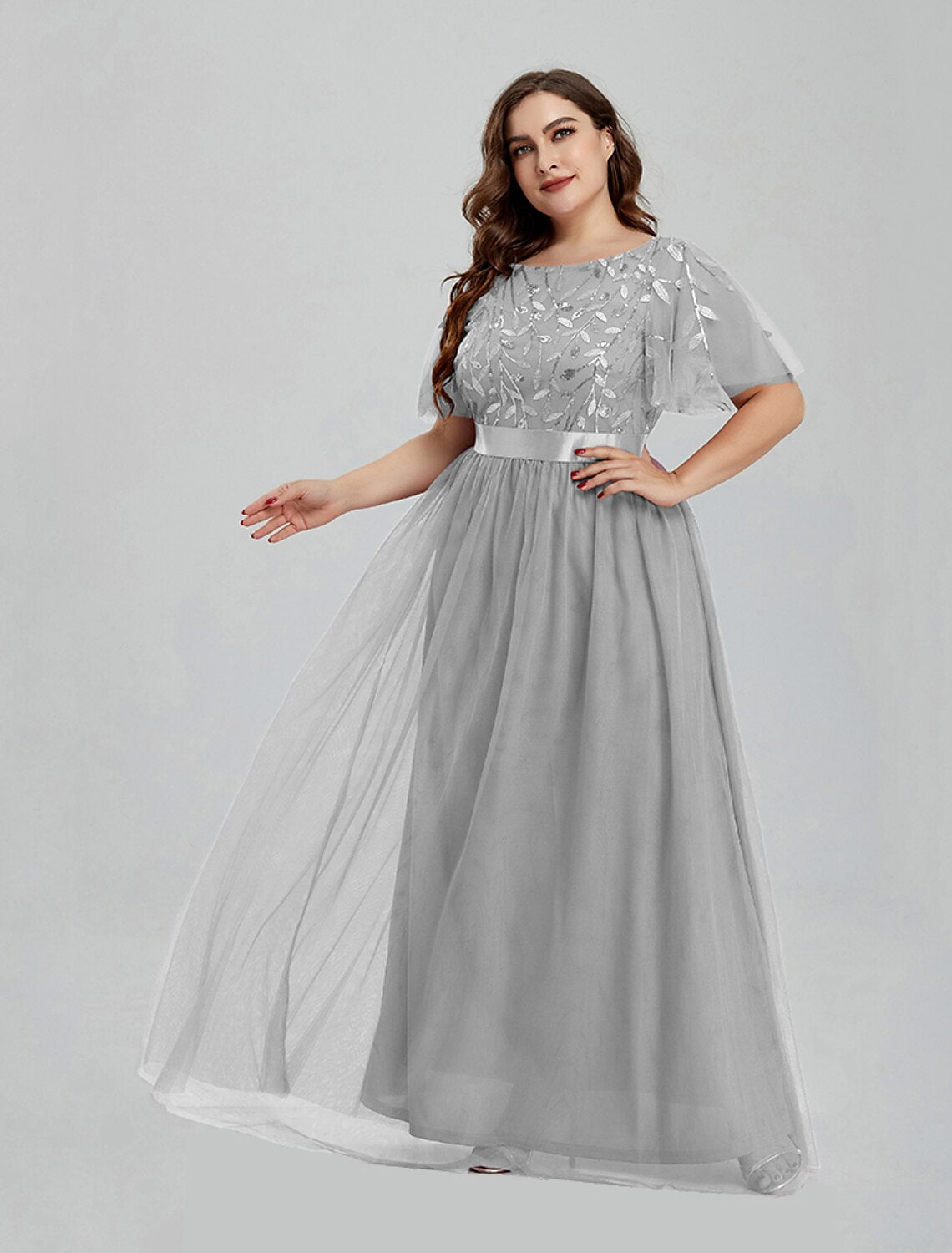 A-Line Prom Dresses Floral Dress Party Wear Quinceanera Floor Length Short Sleeve Jewel Neck Bridesmaid Dress Tulle with Embroidery Splicing