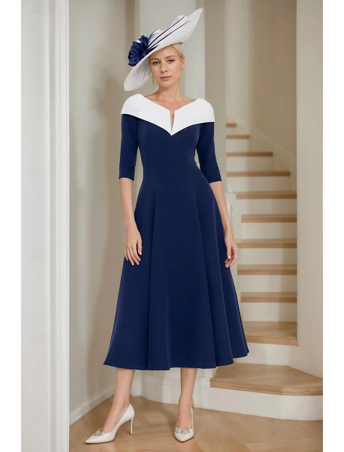 Buyishang A-Line Mother of the Bride Dress Elegant V Neck Tea Length Stretch Fabric Half Sleeve with Color Block free custom size