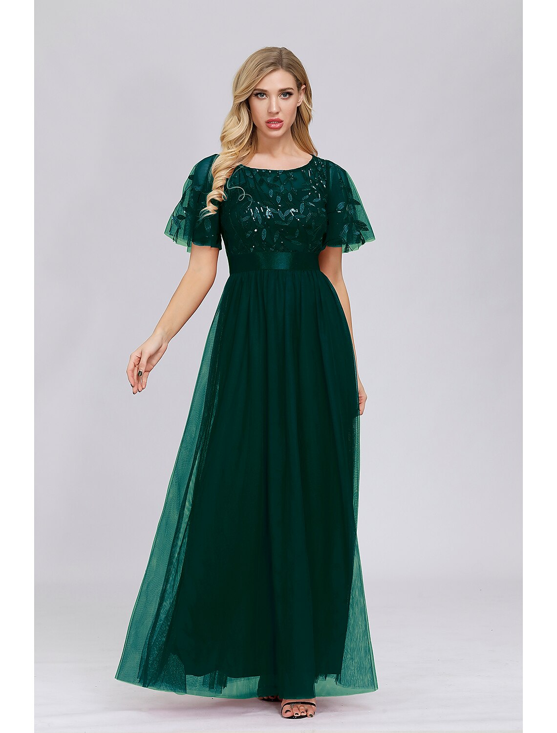 A-Line Empire Elegant Party Wear Prom Dress Jewel Neck Short Sleeve Floor Length Tulle with Embroidery / Illusion Sleeve